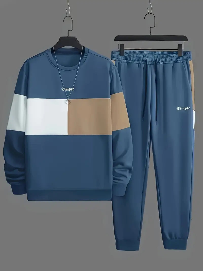 Men'S Color Blocked 2pcs Set, Casual Round Neck Long Sleeved Sweatshirt And Sweatpants Jogging Pants Set for Winter And Autumn