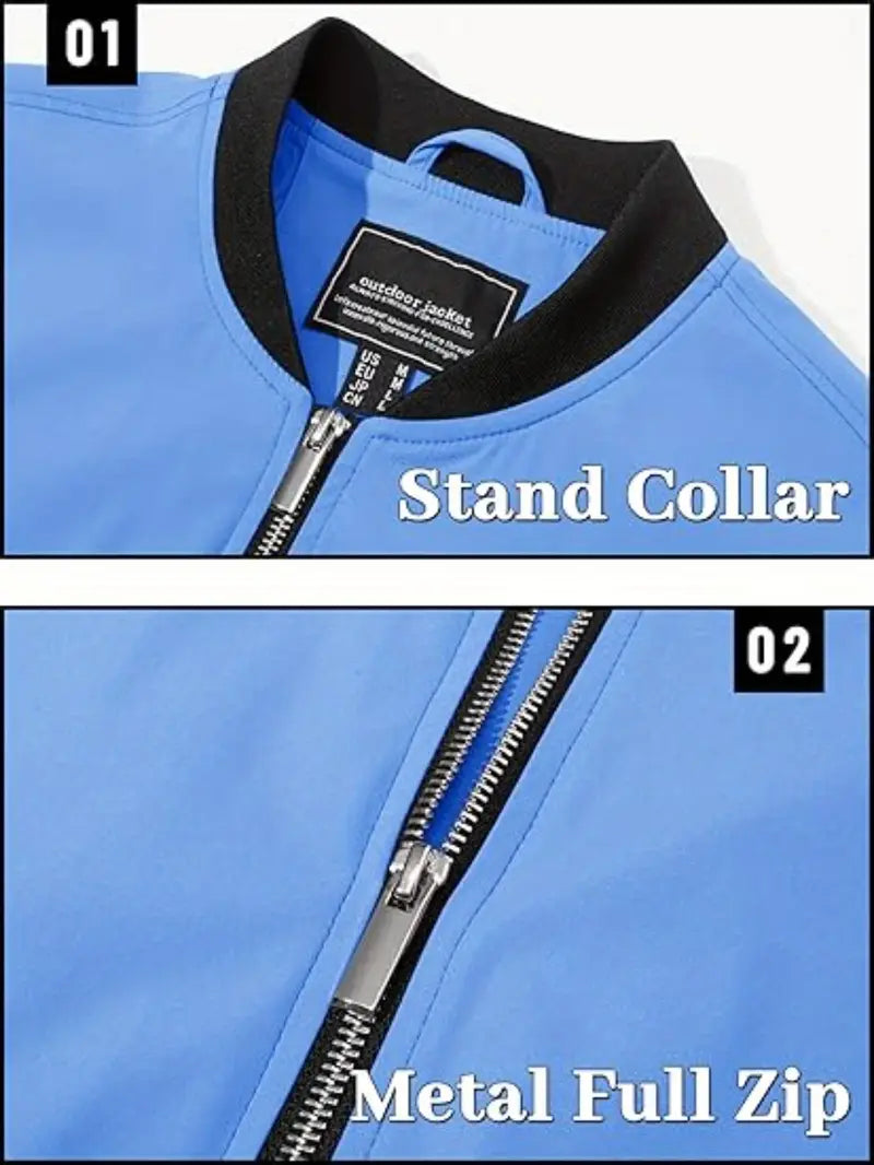 Men's Lightweight Bomber Jacket - Lightweight Zip-Up Coat with Stand-Up Collar & Side Pockets, No-Lining Casual Outerwear for Spring/Fall, Everyday