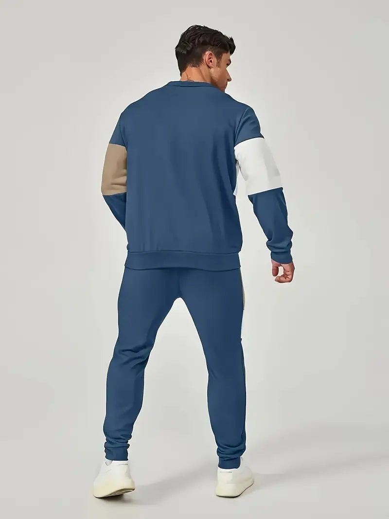 Men'S Color Blocked 2pcs Set, Casual Round Neck Long Sleeved Sweatshirt And Sweatpants Jogging Pants Set for Winter And Autumn