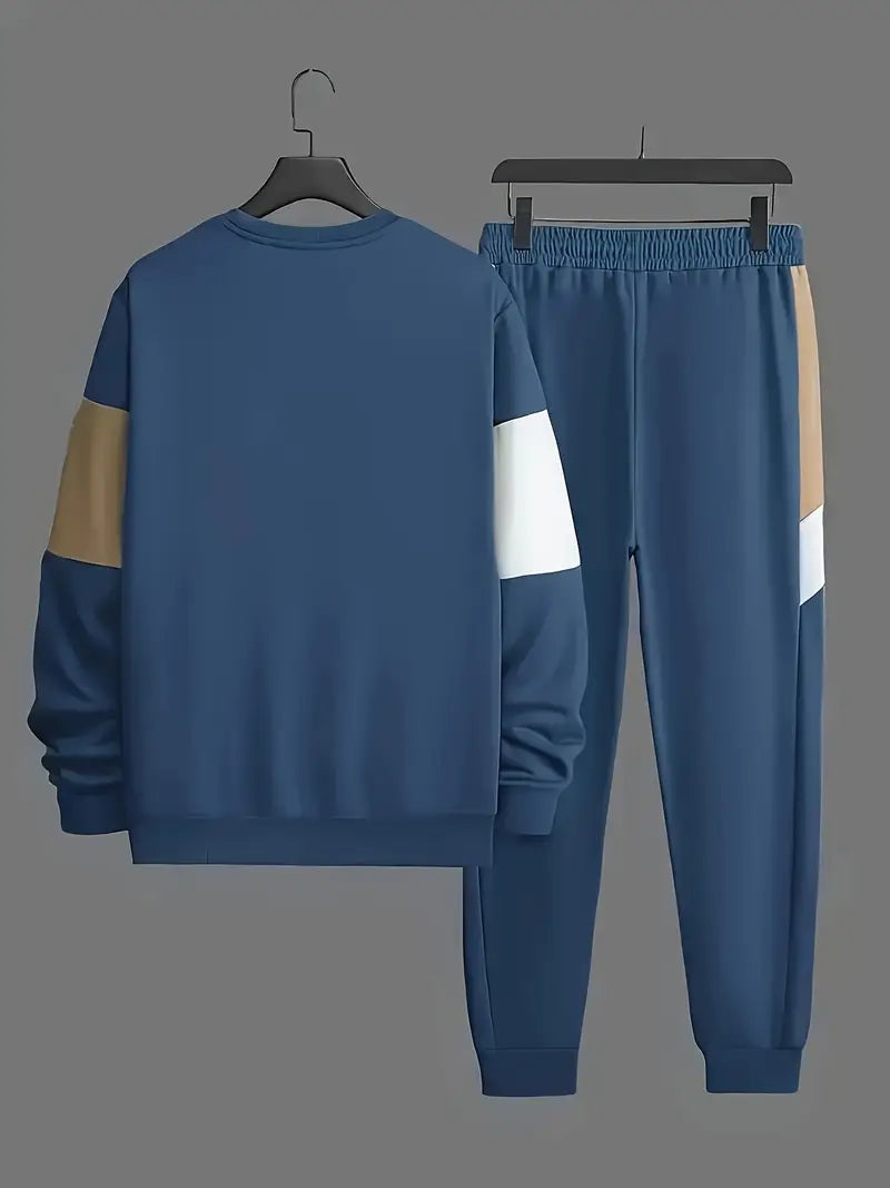 Men'S Color Blocked 2pcs Set, Casual Round Neck Long Sleeved Sweatshirt And Sweatpants Jogging Pants Set for Winter And Autumn