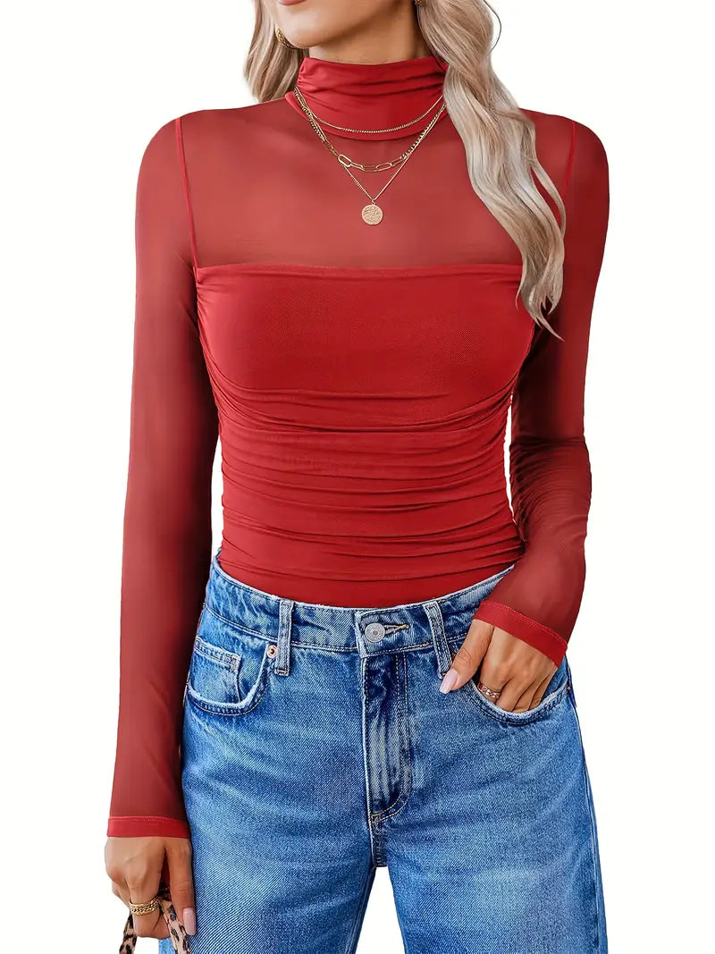 Women'S Sexy High Neck Long Sleeve Tops - Sheer Mesh Blouse, Slim Fit Party & Everyday Shirt, Non-See-Through Formal & Casual Outfits for Night Out Office Events