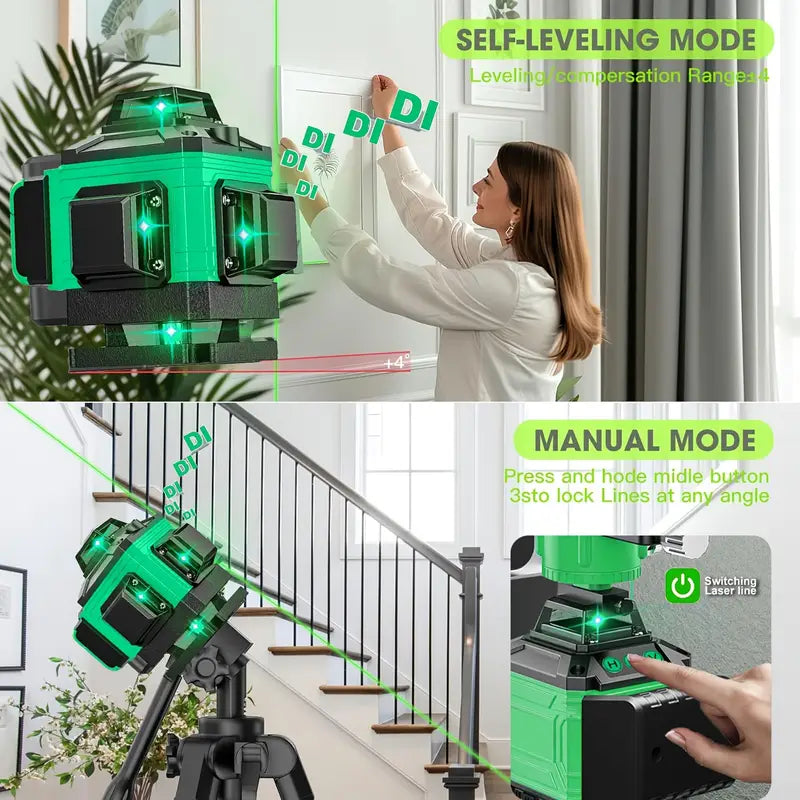 Tegatok Self-Leveling 4D Green Laser Level Pro with 360° Rotation, 16-Line Heavy-Duty Carbon Construction Laser Projector, Manual/ Auto Leveling Mode, Tripod-Compatible ( Plug) for Construction, Picture Hanging, Installation