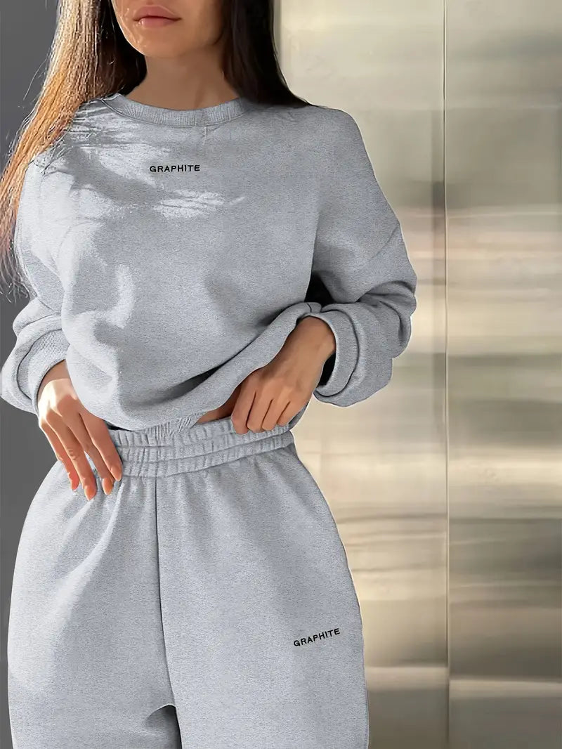 Women's Spring/Fall Casual Sportswear Set, Medium Stretch, Loose Fit, 100% Long Sleeve Pullovers with Drop Shoulder Knit Fabric, Sweatshirt and Pants Set