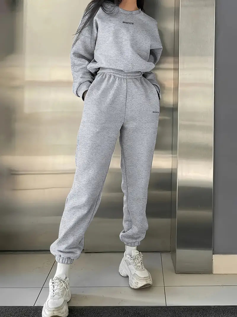 Women's Spring/Fall Casual Sportswear Set, Medium Stretch, Loose Fit, 100% Long Sleeve Pullovers with Drop Shoulder Knit Fabric, Sweatshirt and Pants Set