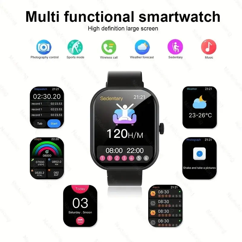 New Unisex Smartwatch Gift, 2.01-Inch Full Touchscreen Smartwatch with Calling/Answering, 100+ Exercise Modes, Pedometer, Distance, Calories