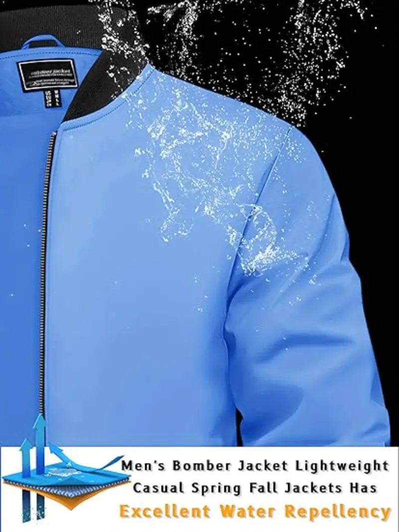 Men's Lightweight Bomber Jacket - Lightweight Zip-Up Coat with Stand-Up Collar & Side Pockets, No-Lining Casual Outerwear for Spring/Fall, Everyday