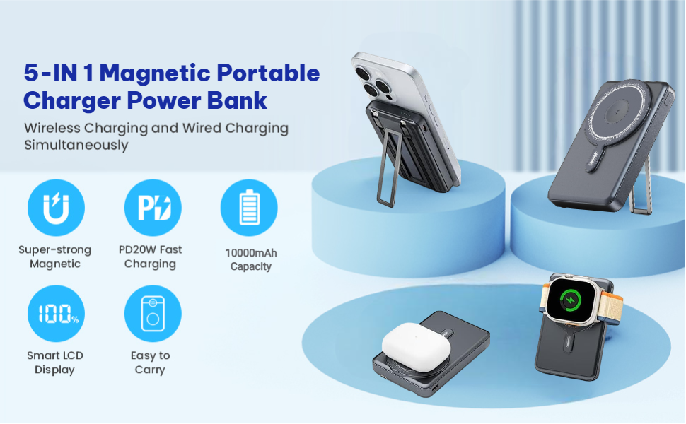 EXJ 10000mAh Magnetic Wireless Power Bank, 22.5W Fast Charging Portable Charger with USB-C & Type-C Ports, LED Display, Compact Design for iPhone 16/15/14/13/12 Series