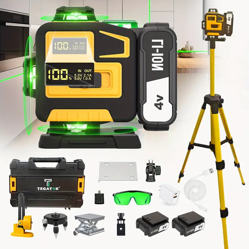 Tegatok Self-Leveling 4D Green Laser Level Pro with 360° Rotation, 16-Line Heavy-Duty Carbon Construction Laser Projector, Manual/ Auto Leveling Mode, Tripod-Compatible ( Plug) for Construction, Picture Hanging, Installation